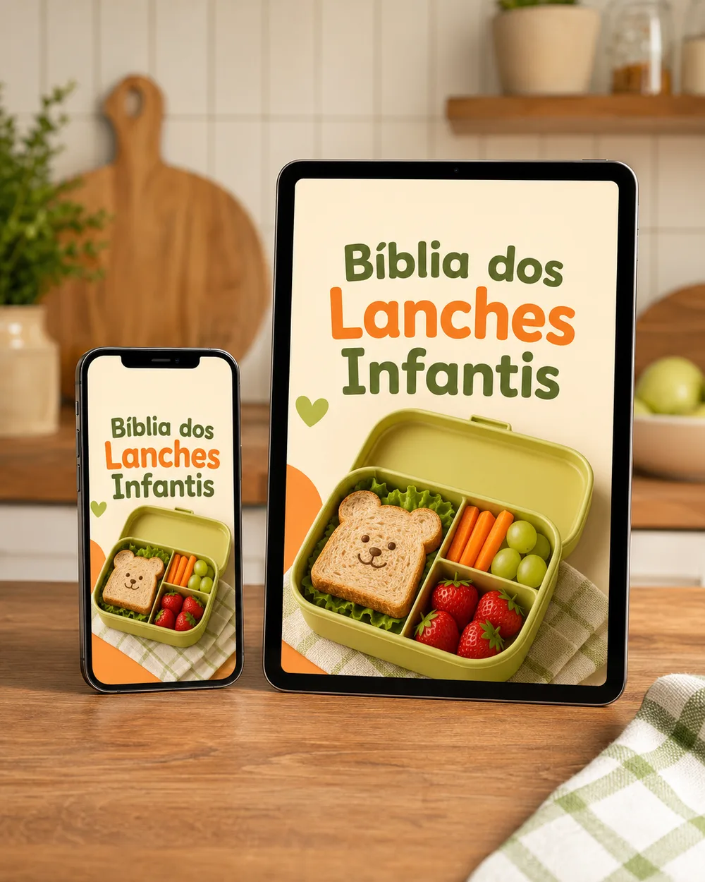 Mockup do e-book Bíblia dos Lanches Infantis em um celular e tablet